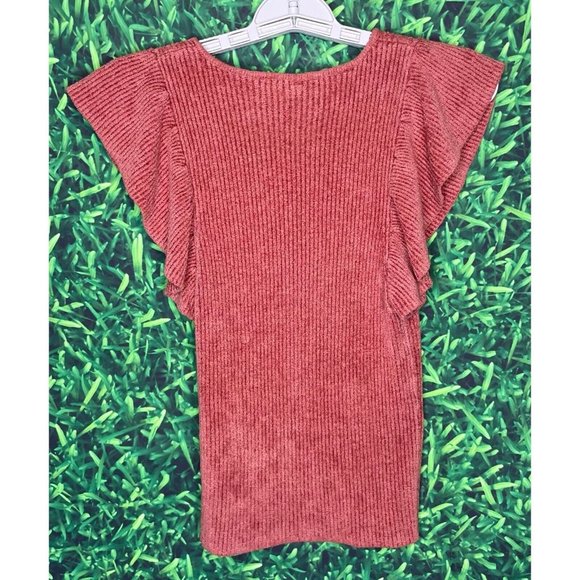 Free People FP One Nikita Ruffle Sleeve Top Rose Pink Soft Ribbed Blouse Shirt - Picture 3 of 4